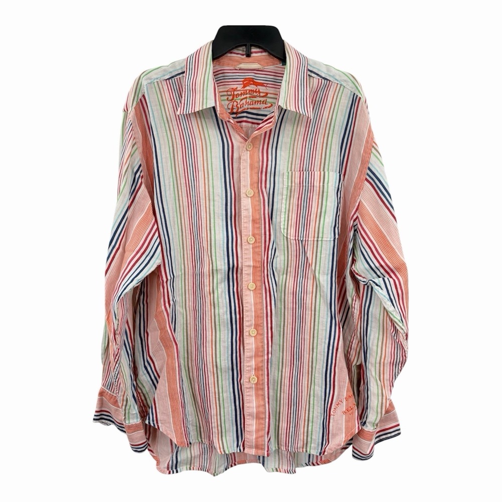 Tommy Bahama 100% Linen Striped Shirt‎ L Multicolor Relaxed Fit Button-Up Shirt